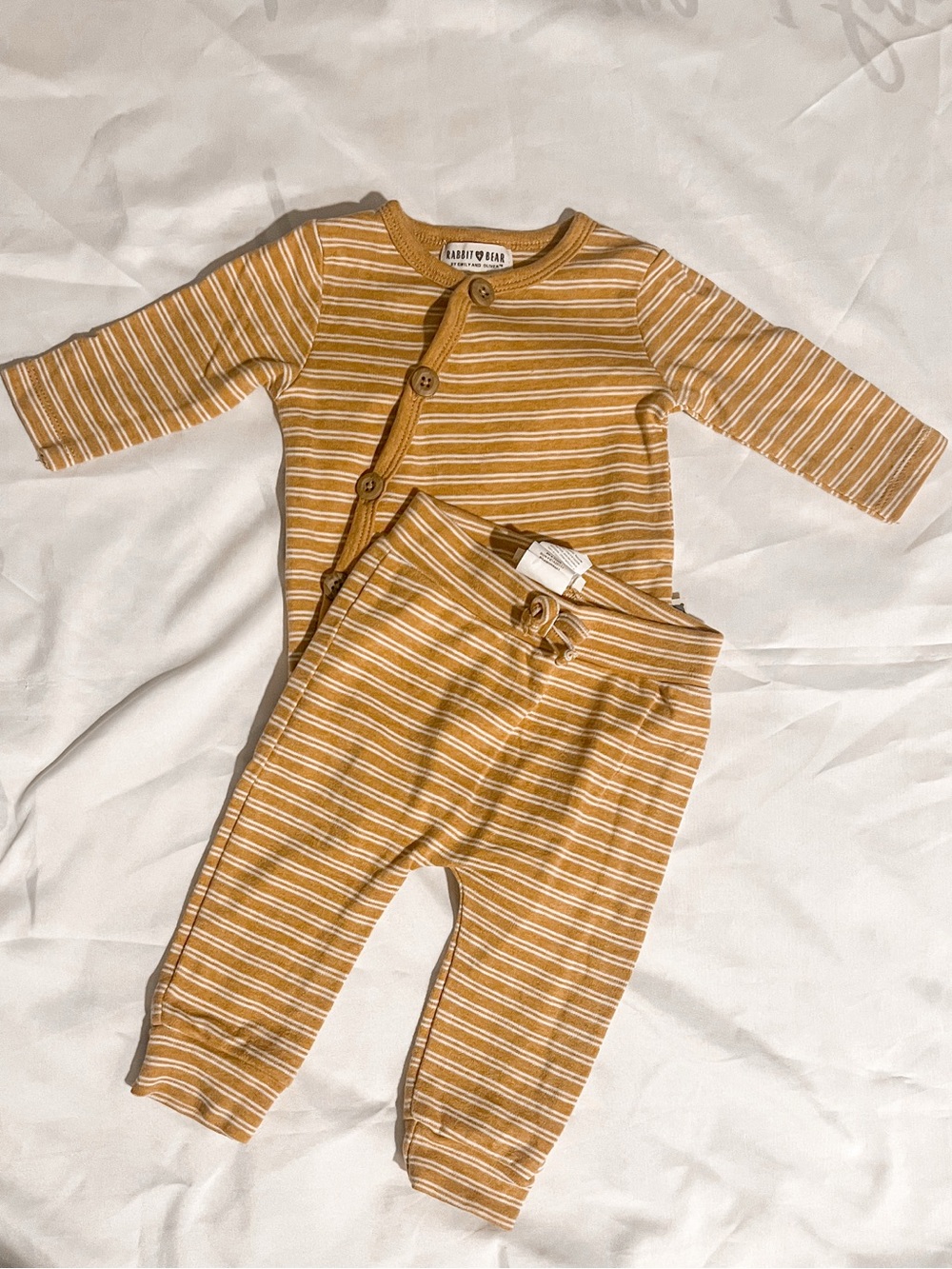 Rabbit + Bear Baby Striped Mustard Button Accent Two-Piece Set Size 3-6 Months